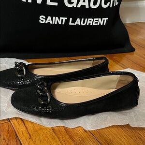Donald J. Pliner Black Flats with Chain Detail. Suede with subtle metallic sheen
